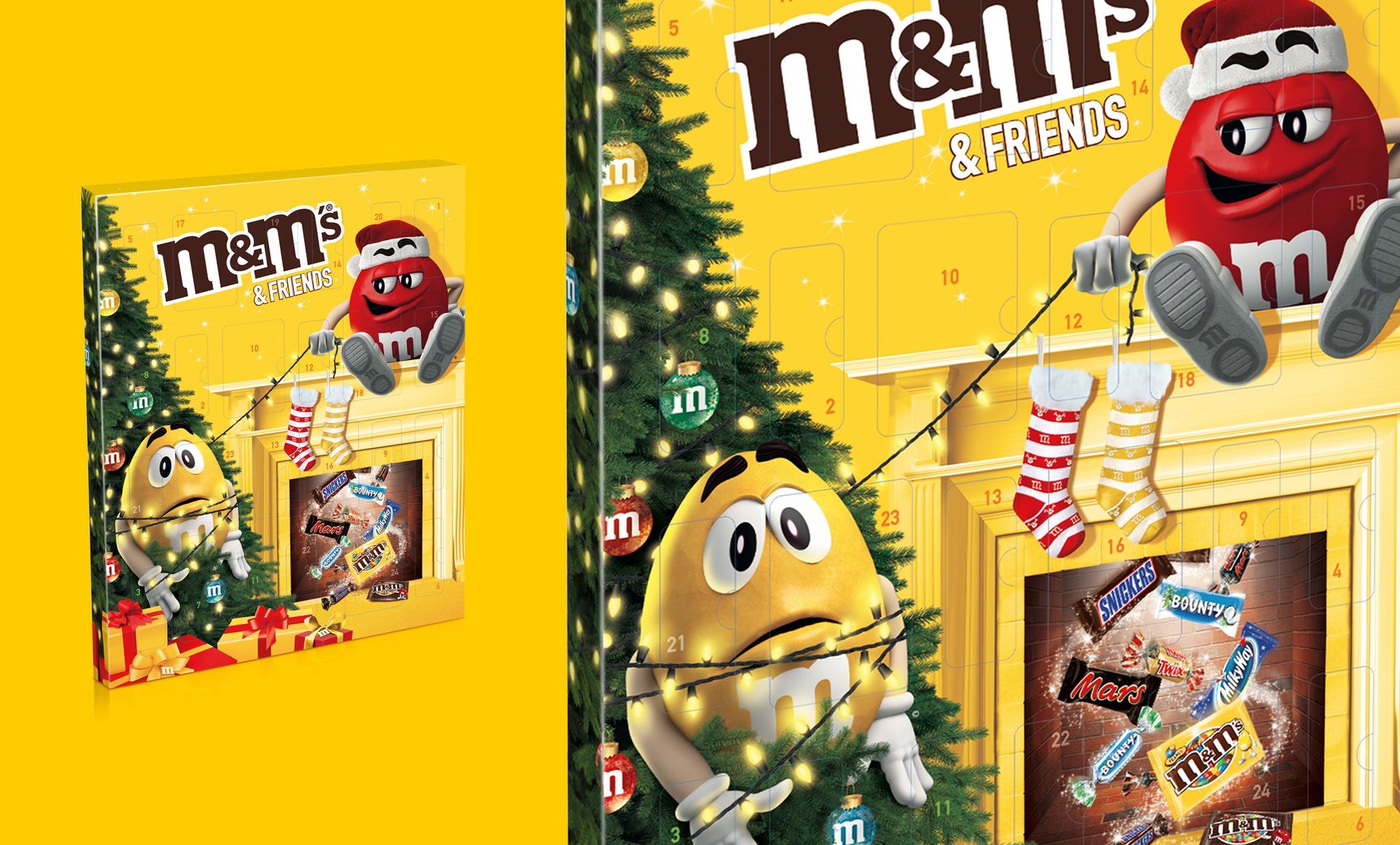 Calendrier de l'Avent de Noël M&M's avec des personnages jaunes et rouges décorant une cheminée et un sapin de Noël.