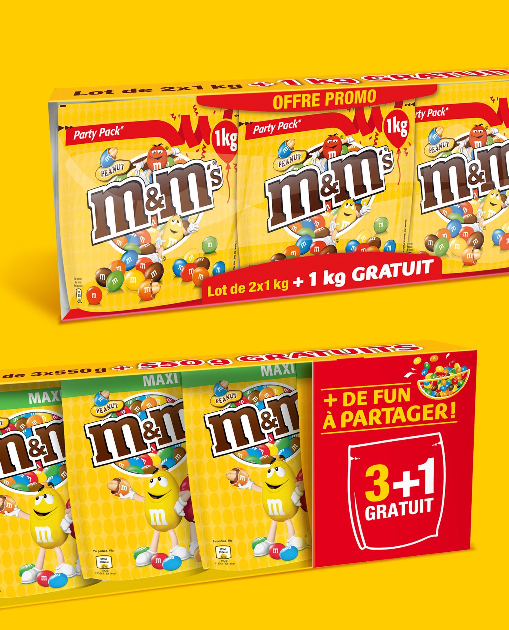 Paquets de bonbons M&M's : boîtes jaunes avec des bonbons colorés, texte 