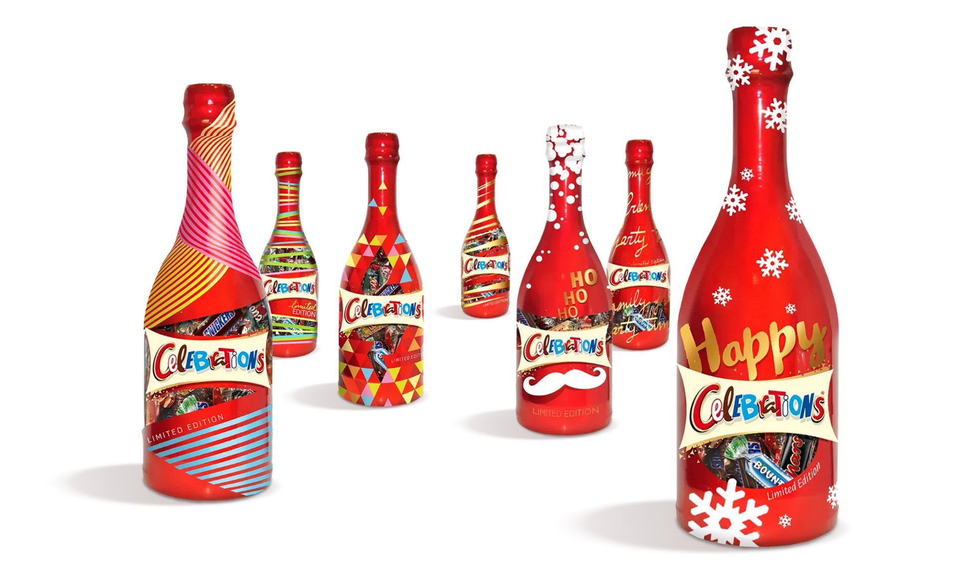 Bouteilles rouges décorées pour Noël, motifs variés, le texte comprend « Noël » et « Joyeuses Fêtes ».