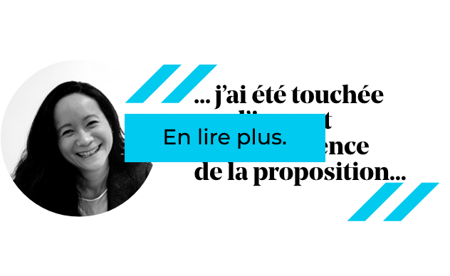 Femme souriante, citation texte : « ...J'ai été touchée par... la proposition. » Bouton « Lire la suite ».