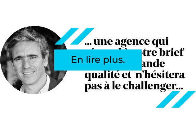 Un homme en costume, souriant, avec une citation sur la qualité du travail d'une agence. Bouton « En lire plus ».