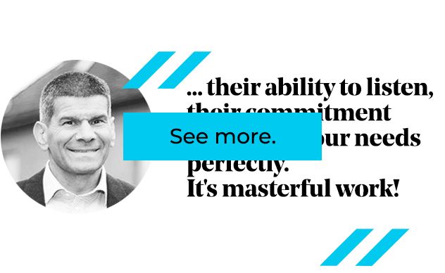 Man in black and white photo with text quoting his positive feedback. Blue accents with 