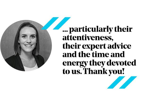 Woman in a circle with a testimonial quote praising attentiveness, expert advice, and dedication.