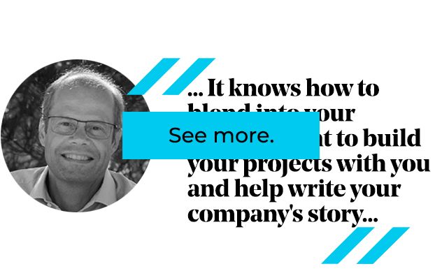 A man in glasses next to text about building projects. Blue accents and 