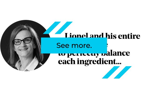 Woman in glasses, quote about balancing ingredients. 