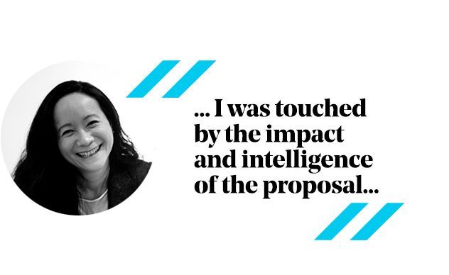 Woman smiling in a circular photo, quote 