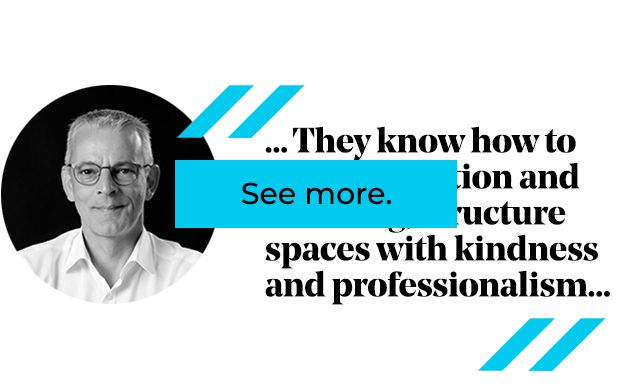 A man in glasses next to text about building spaces with kindness. Text also includes 