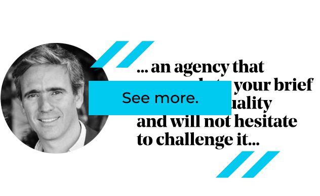 Man in a suit with a quote about challenging briefs, with a