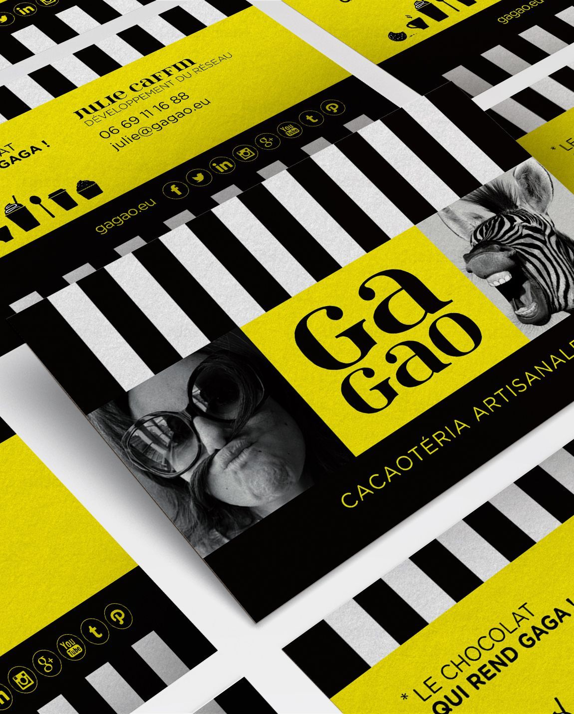 Emballage de chocolat Gaga jaune et noir avec une photo et un logo de zèbre.