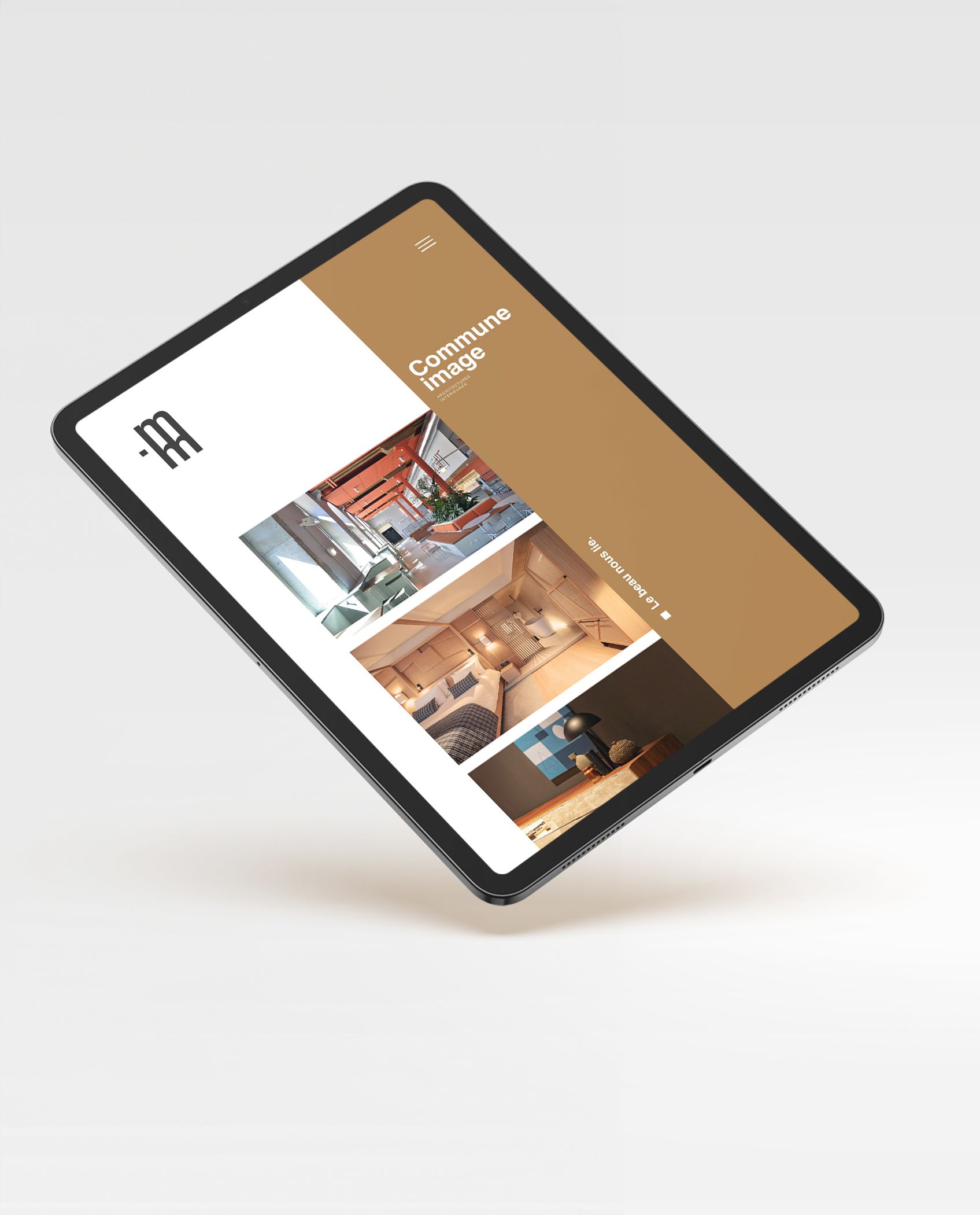 Tablette présentant un portfolio de design d'intérieur, avec photos et image de marque.