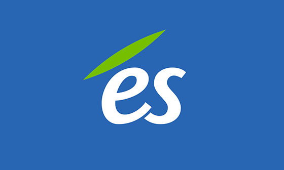 Texte blanc « és » avec une barre oblique verte sur fond bleu.