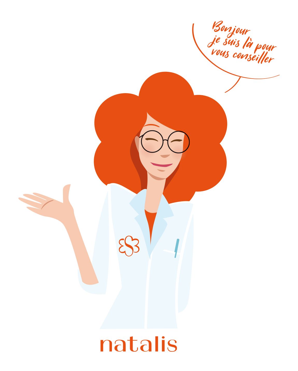 Cartoon woman, red hair, glasses, lab coat, speech bubble: 