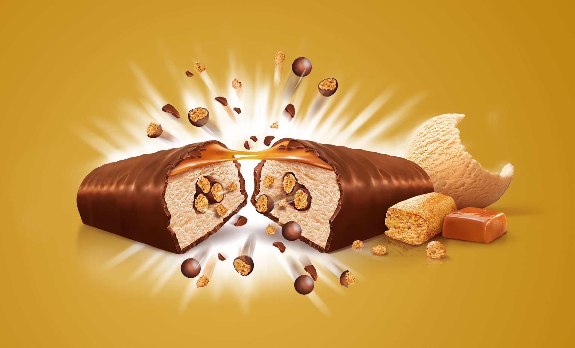 Barre chocolatée fendue, fourrée au caramel, avec des morceaux explosifs sur fond doré.
