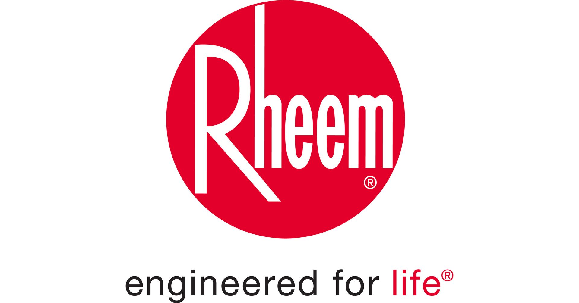 The rheem logo is red and white and says engineered for life