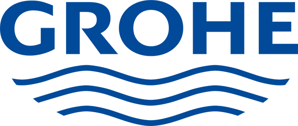 The logo for grohe is blue and white with waves.