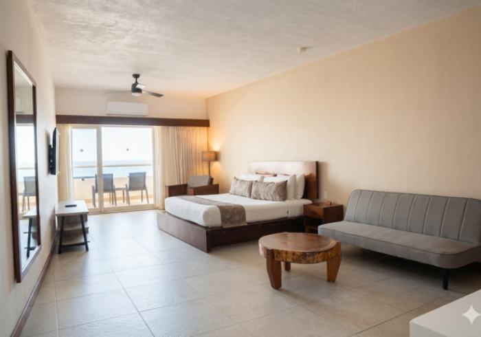 Habitación de hotel moderna con dos camas, un sofá gris, una mesa redonda y balcón con vistas.