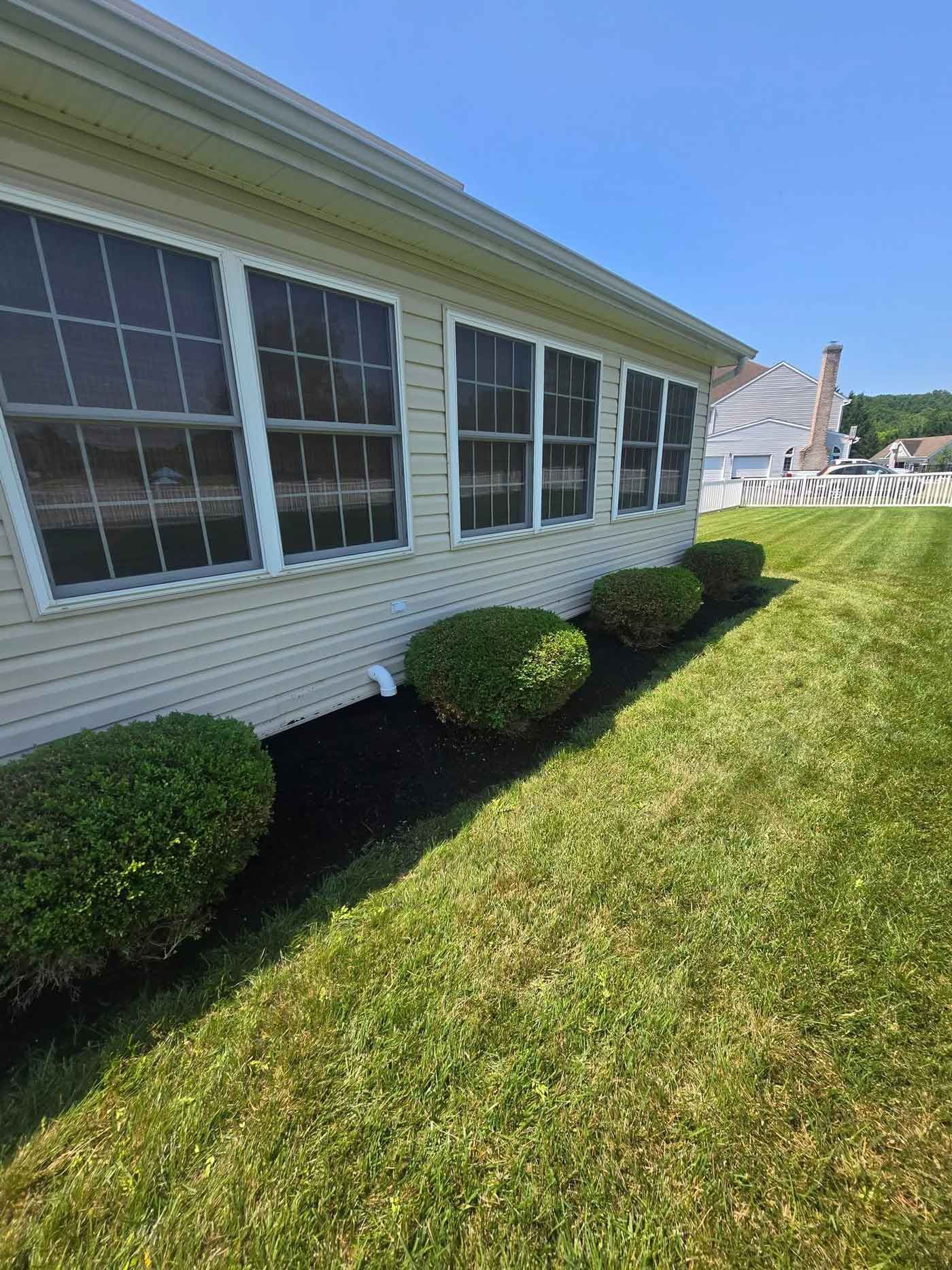 A beige house with multiple windows next to neatly trimmed green bushes against a bright blue sky. Dark mulch separates the bushes from the green lawn.