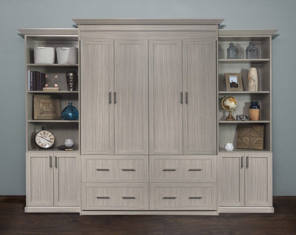 Gray, wooden wall bed with storage cabinets, bookshelves, and drawers.
