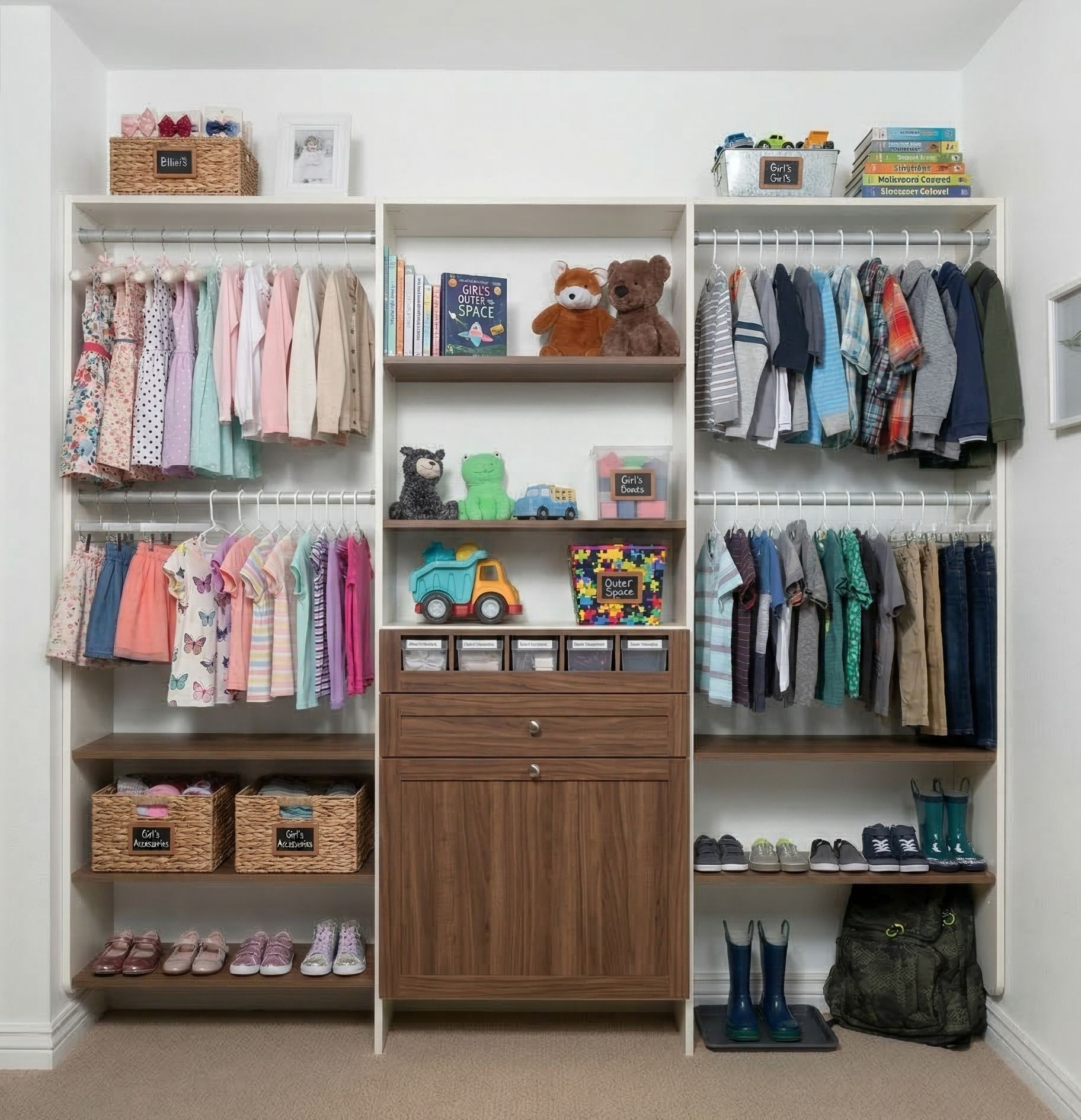 A reach in closet with gray shelving, drawers, and hanging rods for clothes. Clothing is organized by color.