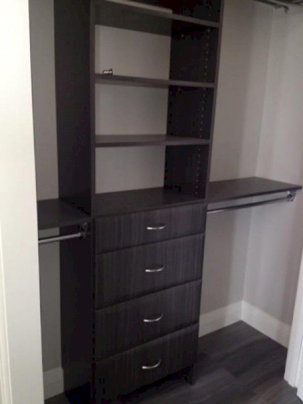 A modern dark wood closet organizer with four drawers, open shelves above, and a hanging rod on each side.