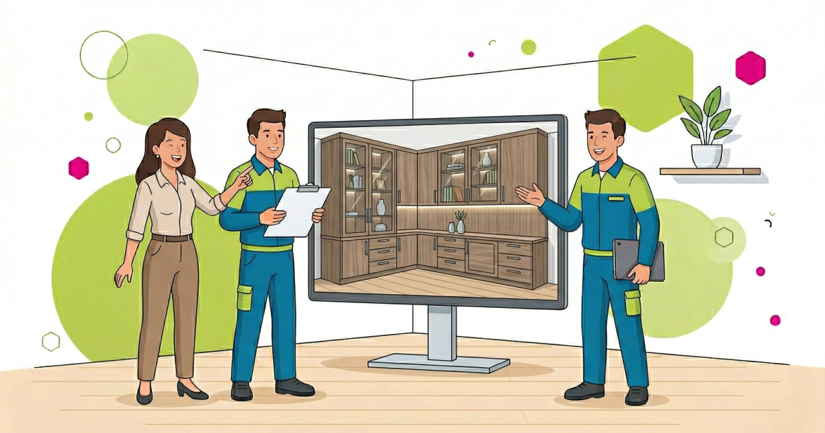 Three people in professional attire discuss a digital display of a 3D kitchen cabinet design in a stylized office setting.