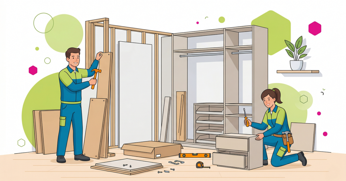 Two people in uniform assemble a modular closet system with tools and cardboard boxes in a bright, modern room.