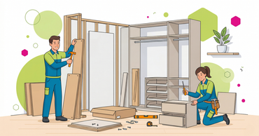 Two people in uniform assemble a modular closet system with tools and cardboard boxes in a bright, modern room.