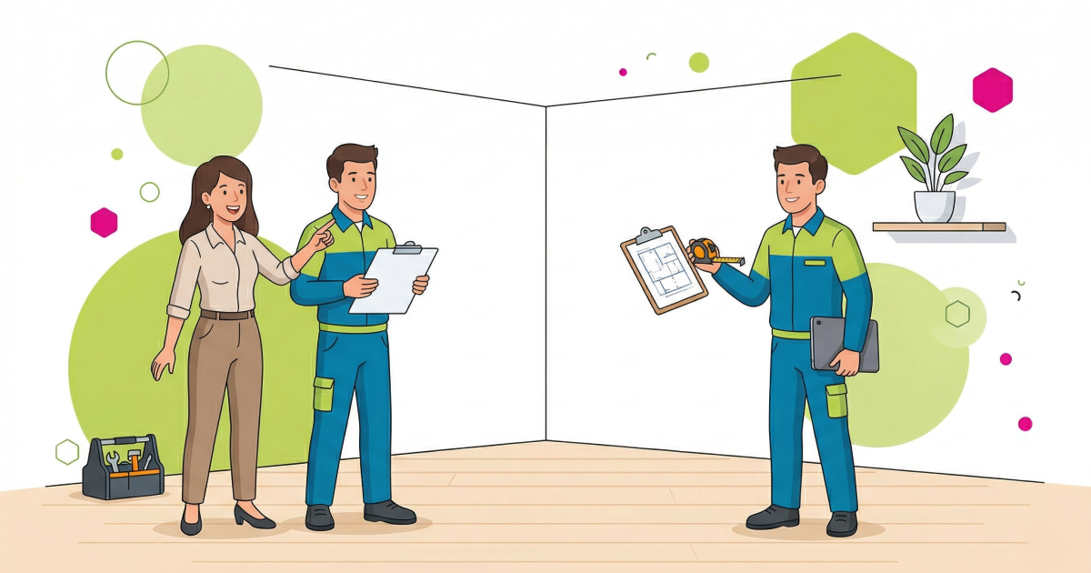 Three people in work uniforms consult on a construction project, holding clipboards in a modern office space.