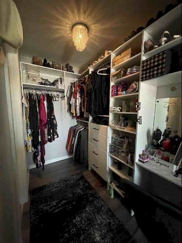 A walk-in closet with hanging clothes, white shelving, drawers, a vanity with a mirror, and a dark patterned rug.