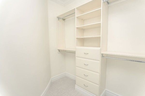 An empty walk-in closet featuring white walls, beige carpet, open shelving, drawers, and metal clothes rods.
