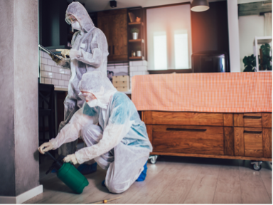 Worker in white protective suit spraying disinfectant in a warehouse aisle in Columbus Ohio