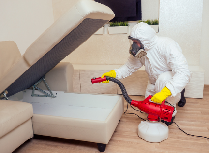 Person in protective suit disinfecting a living room couch with a red fogging machine, performing insect control in Columbus Ohio