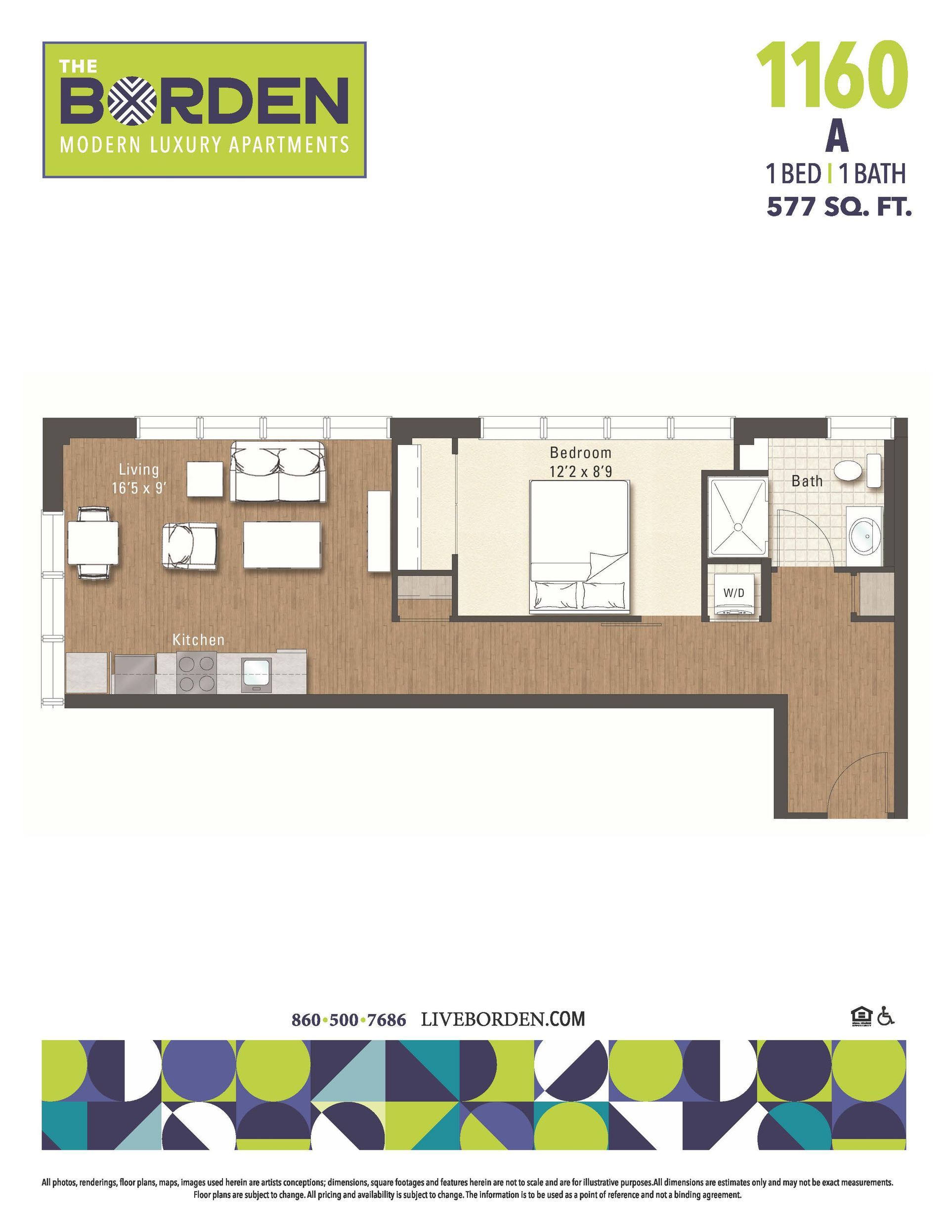 A floor plan of a apartment with a bedroom , living room , and kitchen.