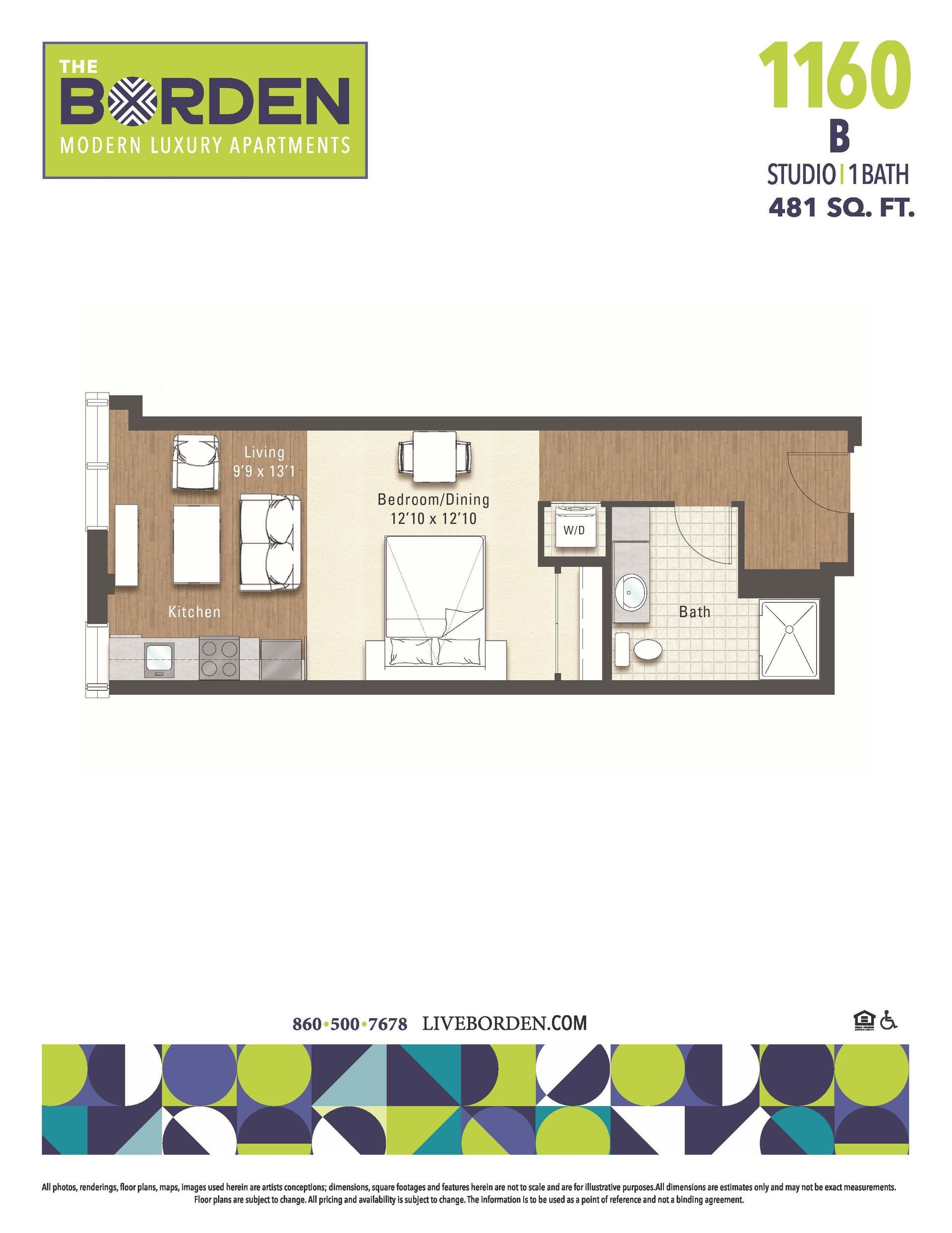 A floor plan of a studio apartment at the borden