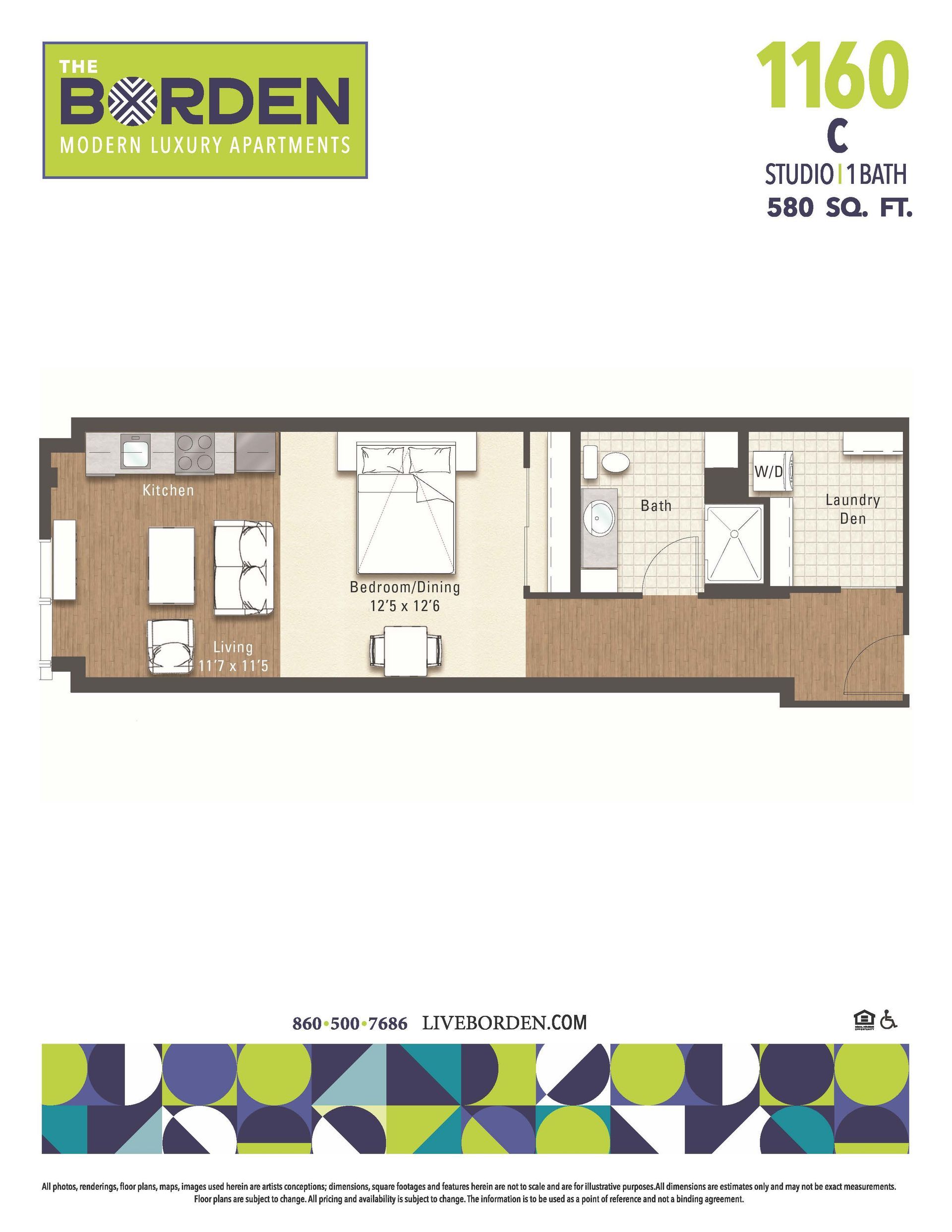 A floor plan of a studio apartment with a bedroom , living room , and bathroom.