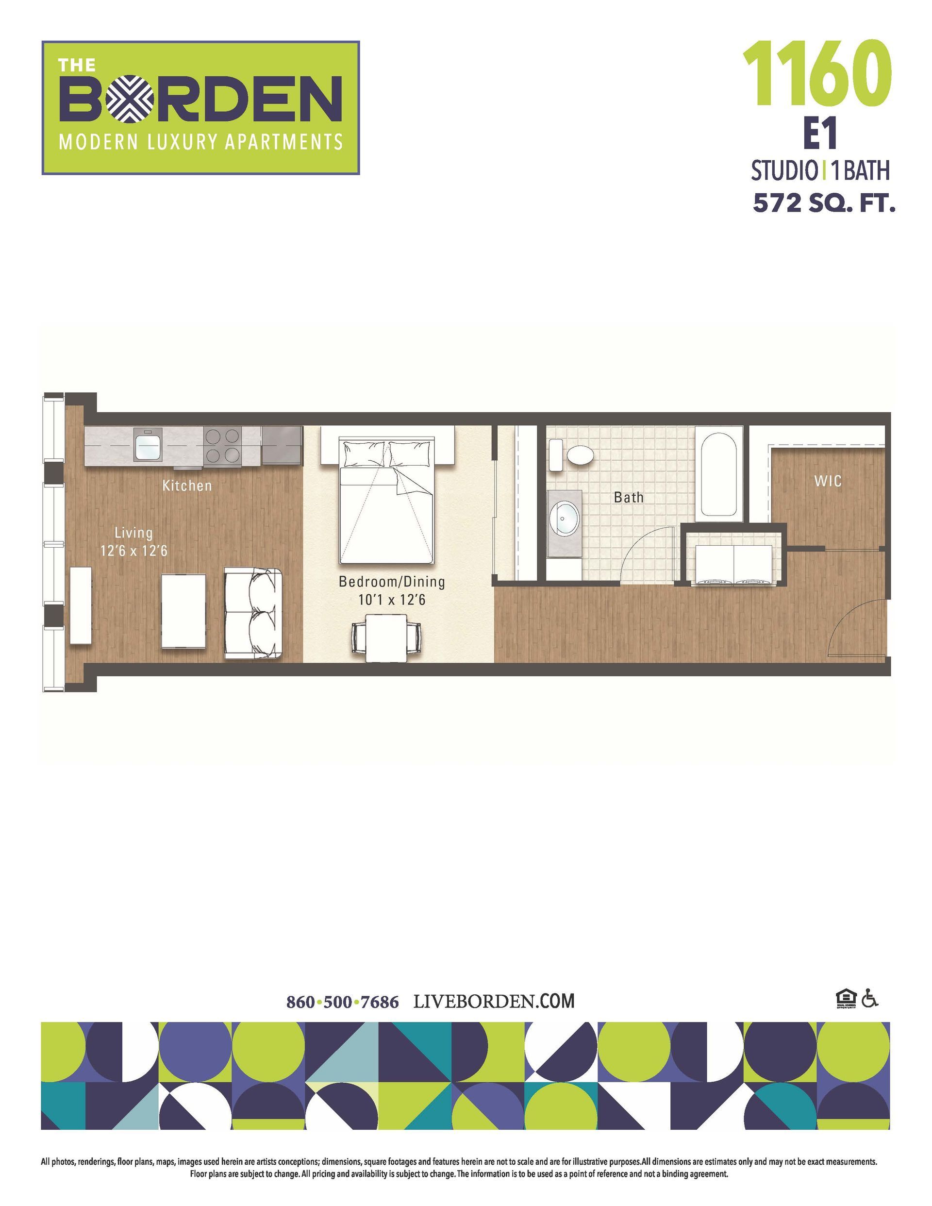 A floor plan of a studio apartment at the borden
