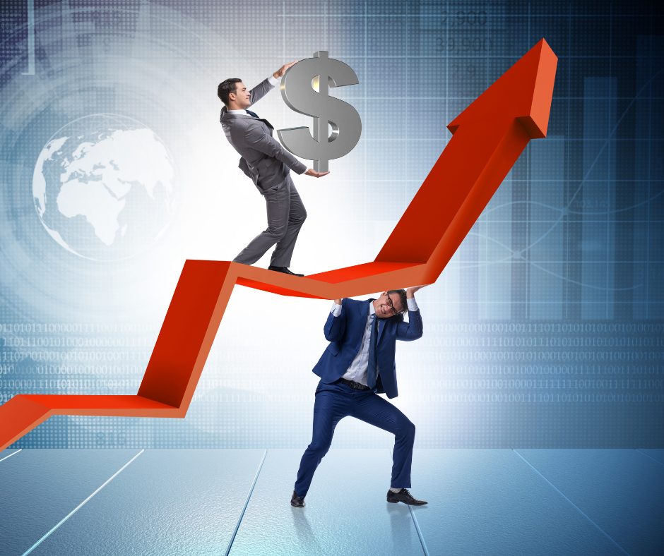 Two men are holding a dollar sign on top of a red arrow.