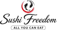Sushi Freedom logo with black script and red-and-black circular fish emblem, “All You Can Eat” below