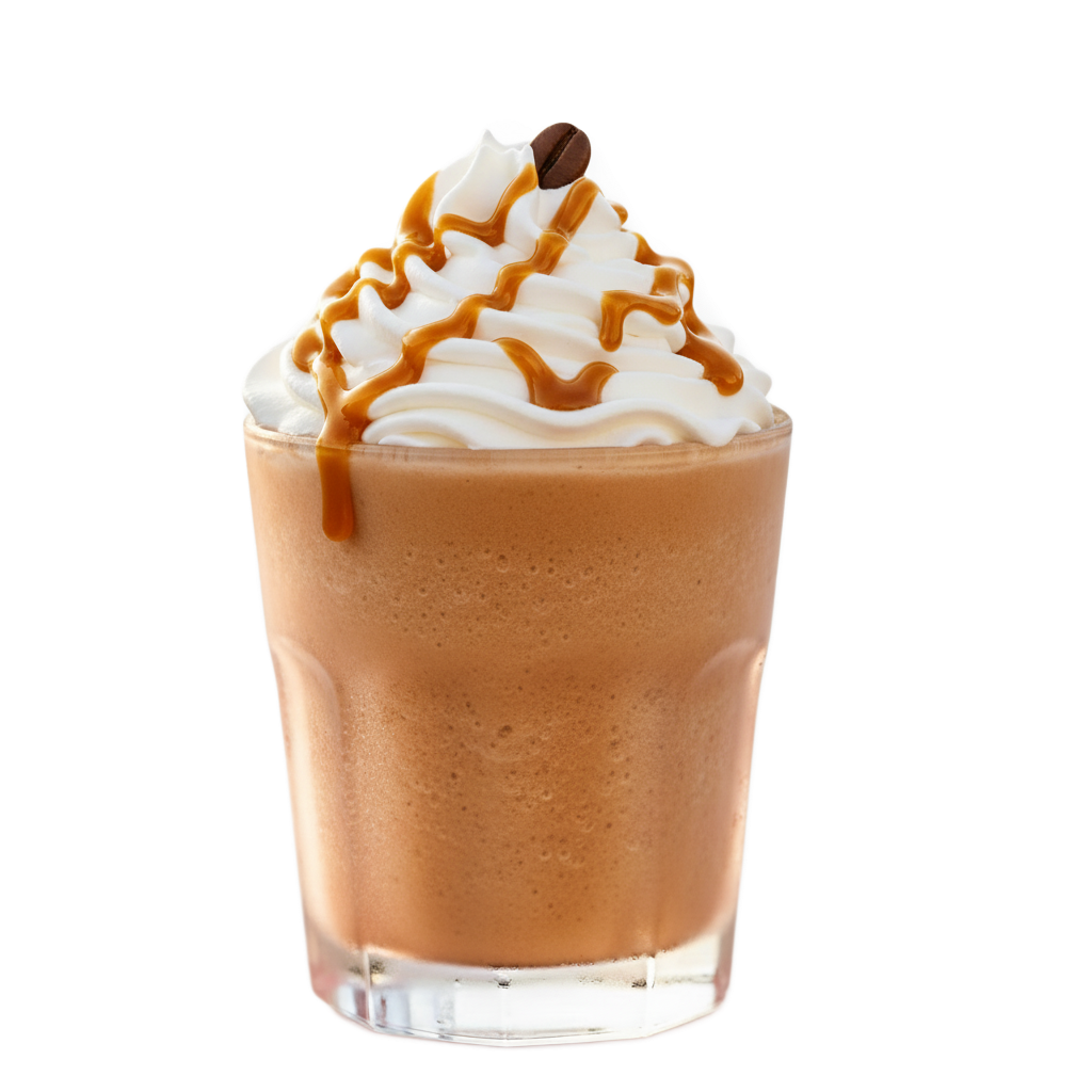 Coffee frappe with whipped cream, caramel drizzle, and a coffee bean.