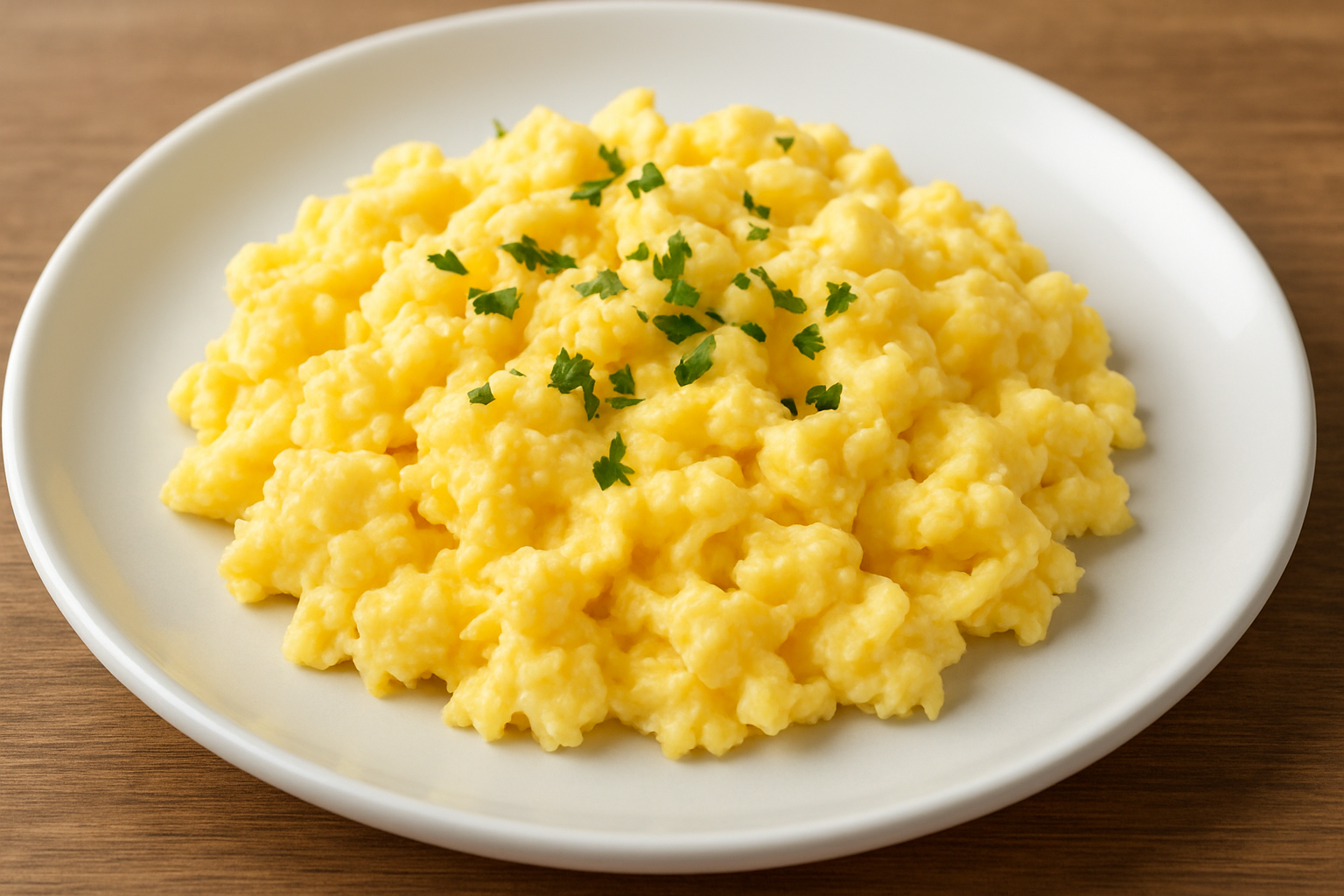Scrambled eggs, yellow, fluffy, garnished with green herbs, on a white plate.