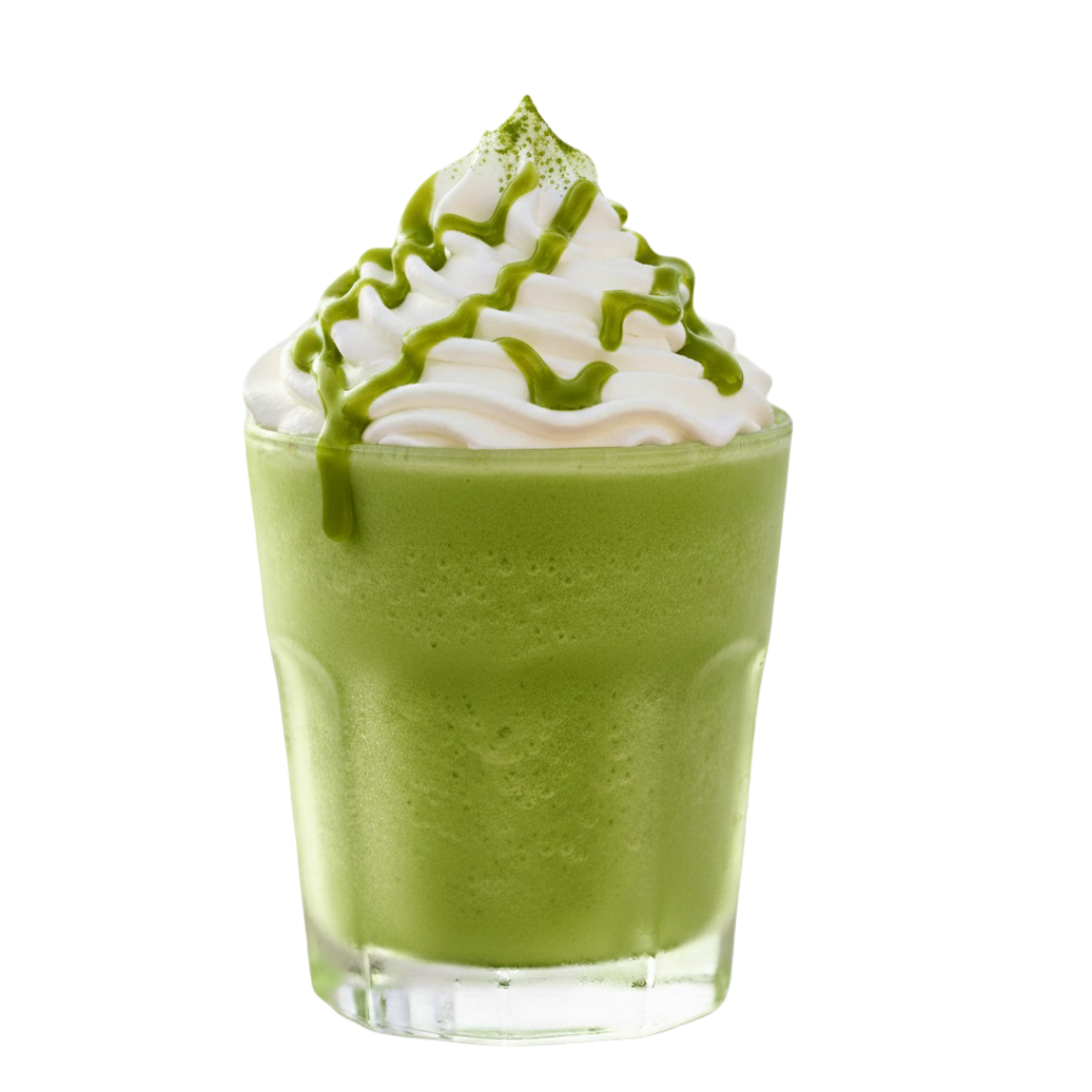 Coffee frappe with whipped cream, caramel drizzle, and a coffee bean.