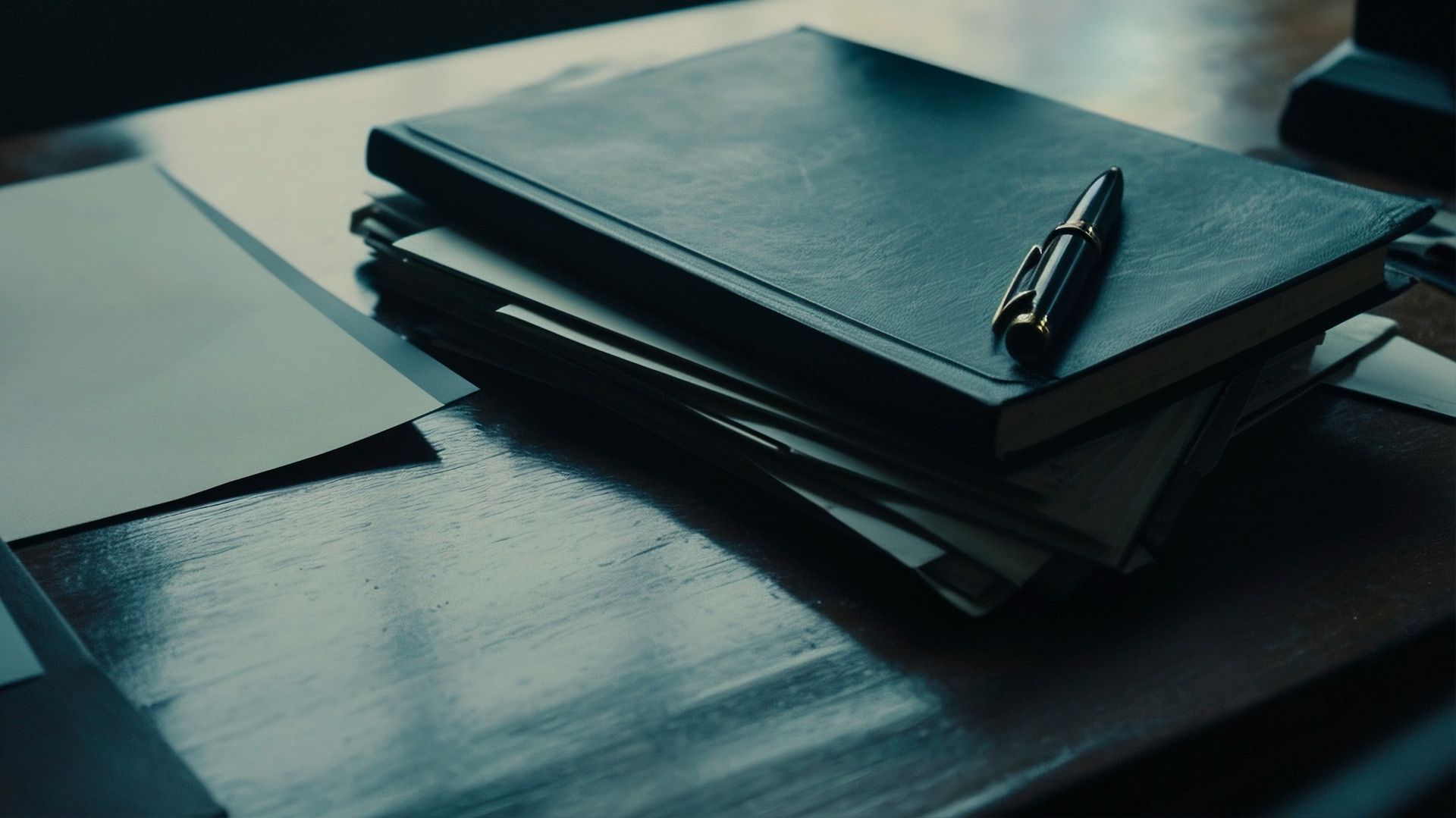 A black pen rests on top of a stack of dark-colored books on a polished wooden desk.