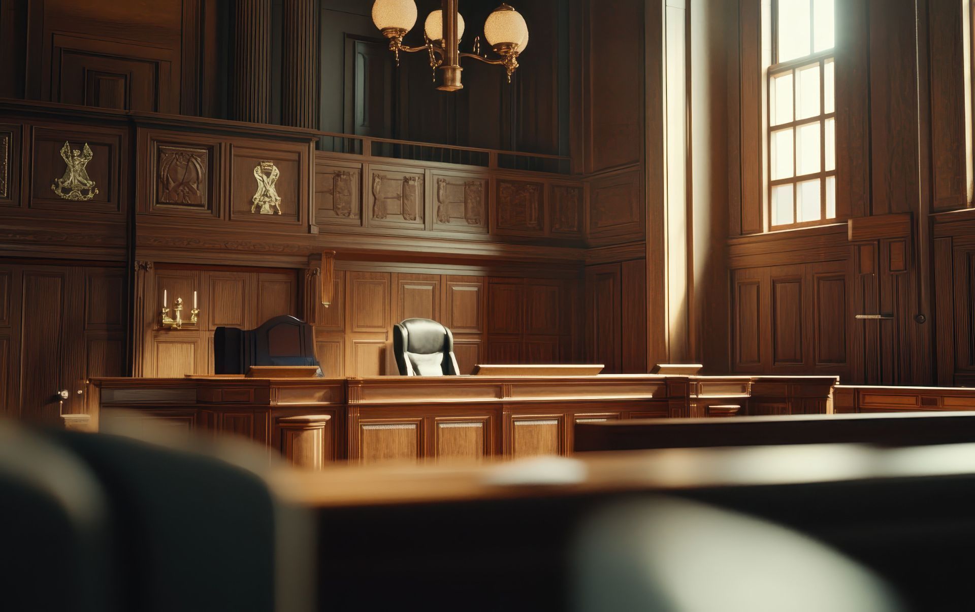 An empty wooden judge’s bench inside a traditional courtroom with paneled walls, a chandelier, and bright window light.