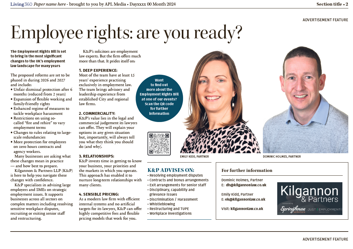 An advertisement for Kilgannon Law featuring two professionals next to text about employee rights and legal services.