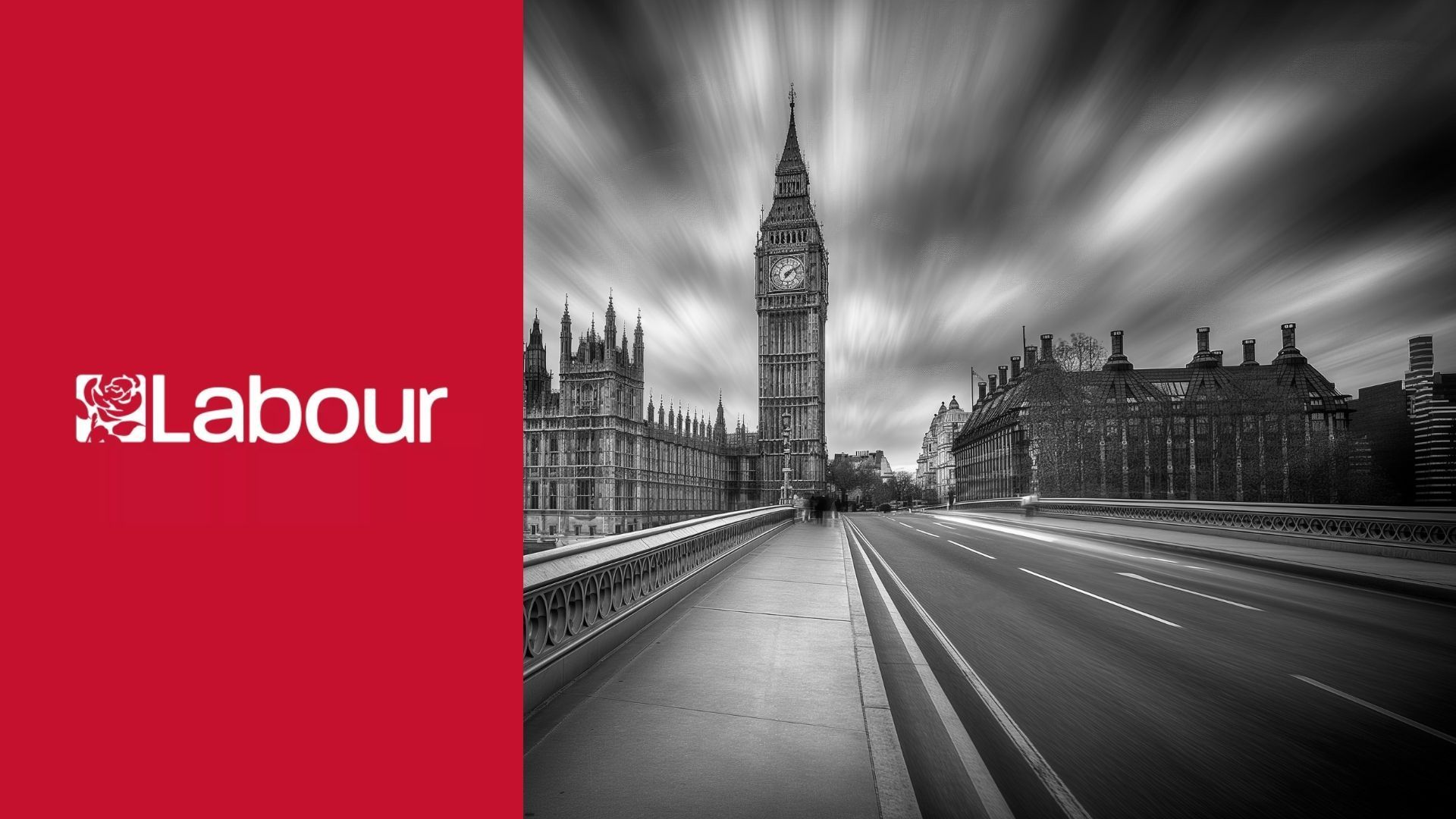 A red vertical banner with the Labour party logo next to a black-and-white photo of Big Ben and Parliament in London.