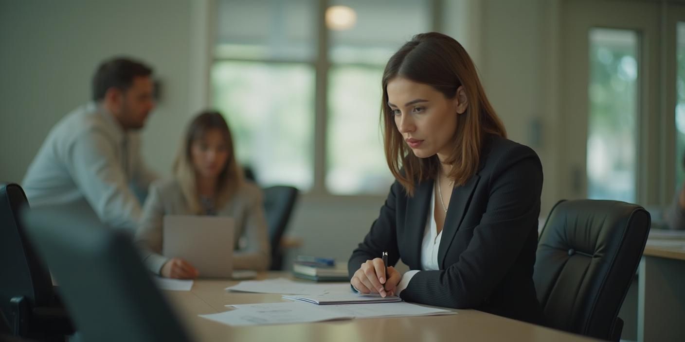 A woman in a dark blazer writes at a desk in an office with two colleagues working in the background.