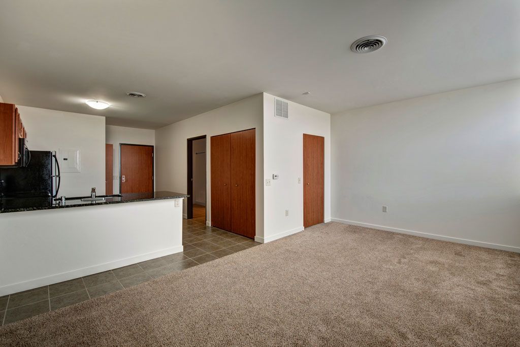 An empty living room with a carpeted floor and a kitchen in the background.