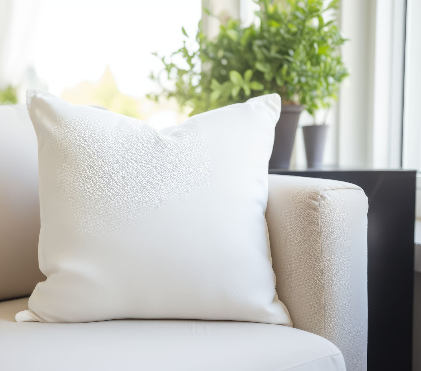 White decorative pillow on a beige sofa, with a plant in the background.