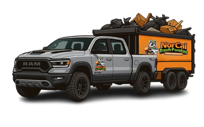 A ram truck with a trailer full of trash on a white background.