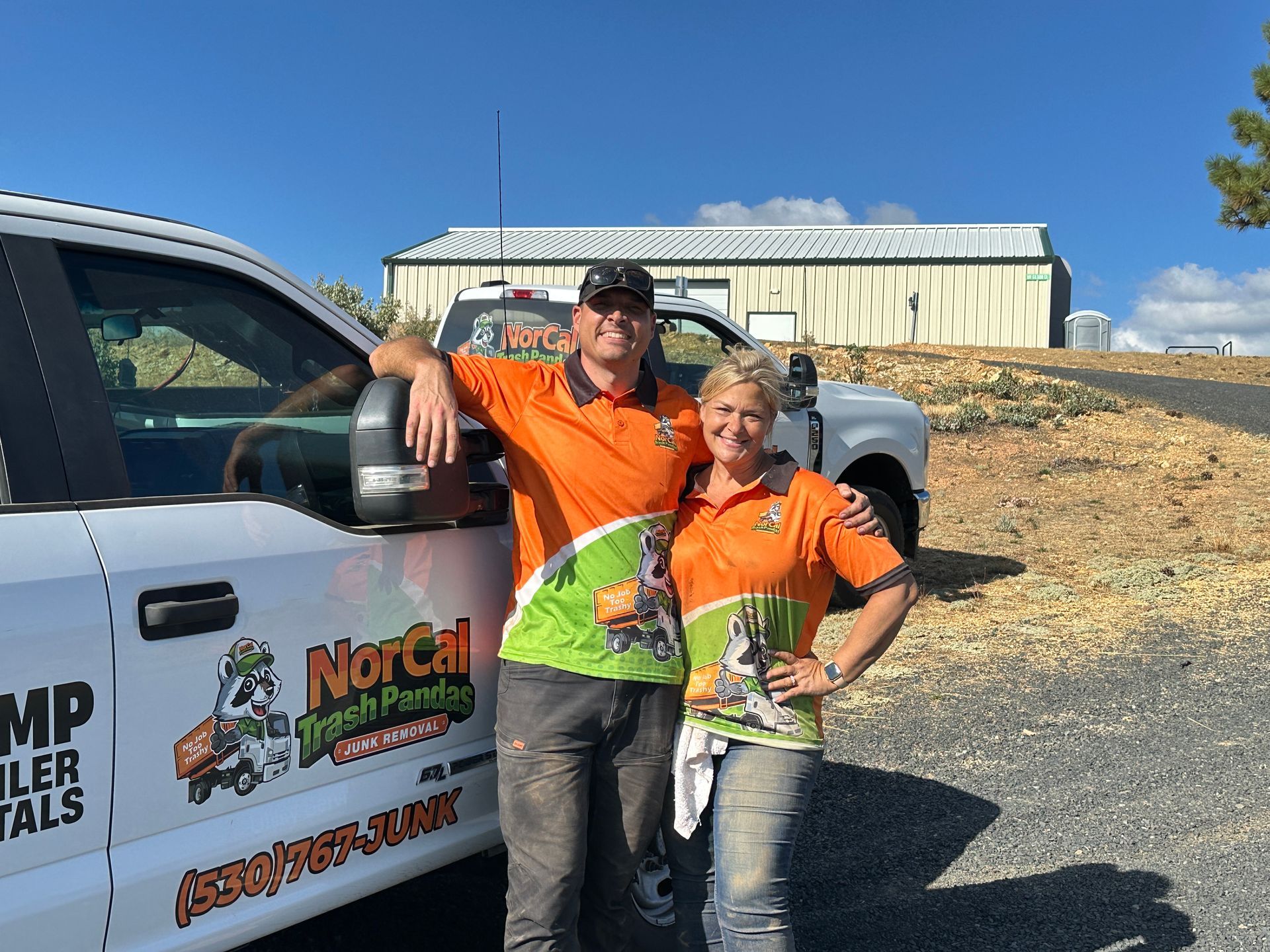 Andrew Haskins and Sierra Haskins from NorCal Trash Pandas Junk Removal after completing a job
